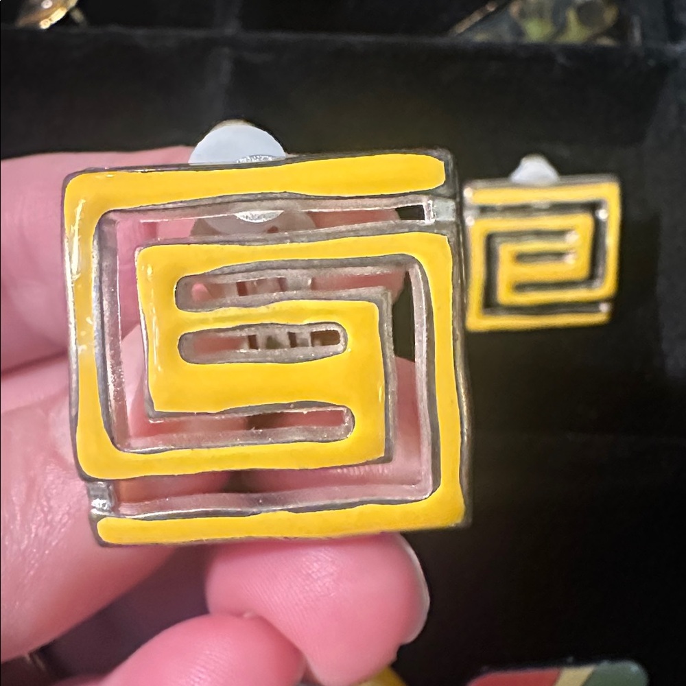 Vintage Yellow Enamel Geometric Square Clip-On Earrings